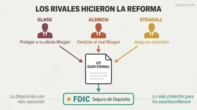 Three figures representing Glass, Aldrich, and Steagall push self-interested arrows into a central bill, with the most-opposed provision highlighted as the most beneficial outcome.