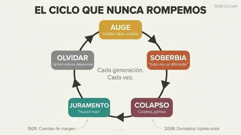 Circular five-phase loop showing boom, hubris, crash, vow, and forgetting repeating endlessly across financial generations.