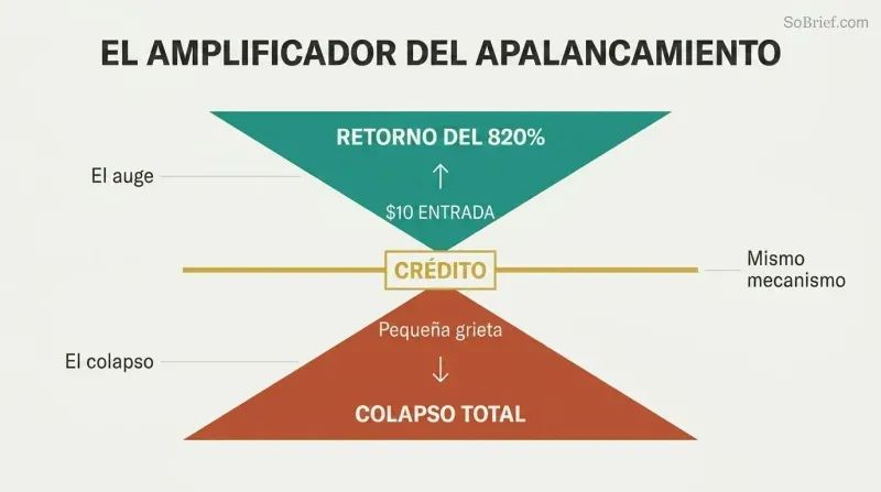 Bowtie-shaped diagram showing credit at the center amplifying small inputs into massive gains above and small cracks into devastating losses below.