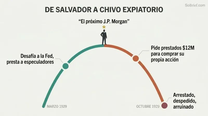 Rise-and-fall arc showing a single figure ascending as a celebrated hero then plummeting into disgrace, with key moments labeled along the trajectory.