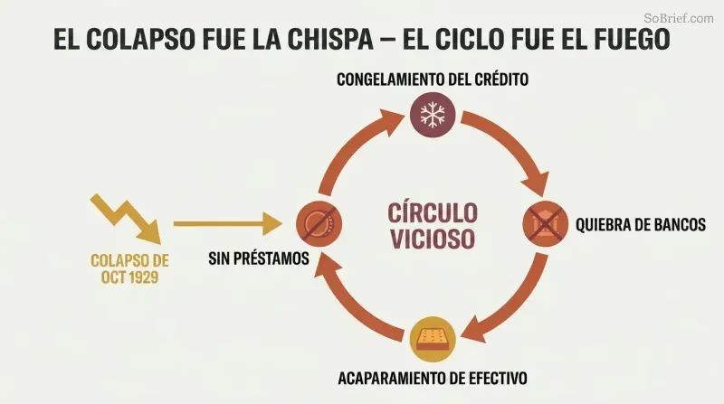 Small crash icon triggering a large vicious cycle of credit freeze, bank failures, cash hoarding, and business collapse feeding back into itself.