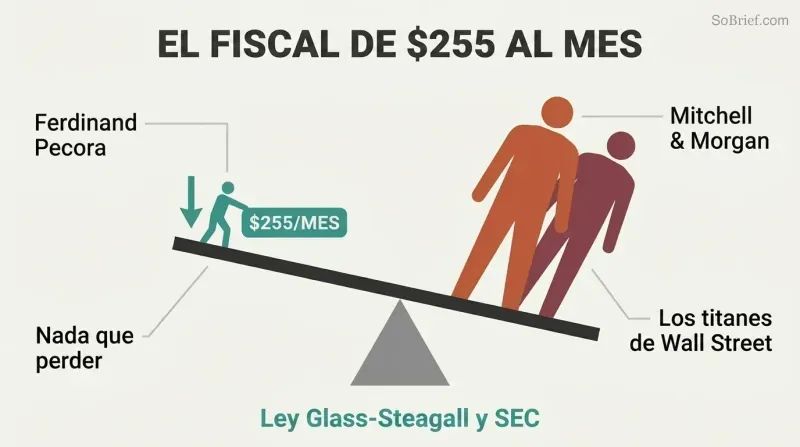 Lever diagram showing a small figure tipping two large Wall Street titan silhouettes off balance, illustrating how an outsider with little to lose toppled financial giants.