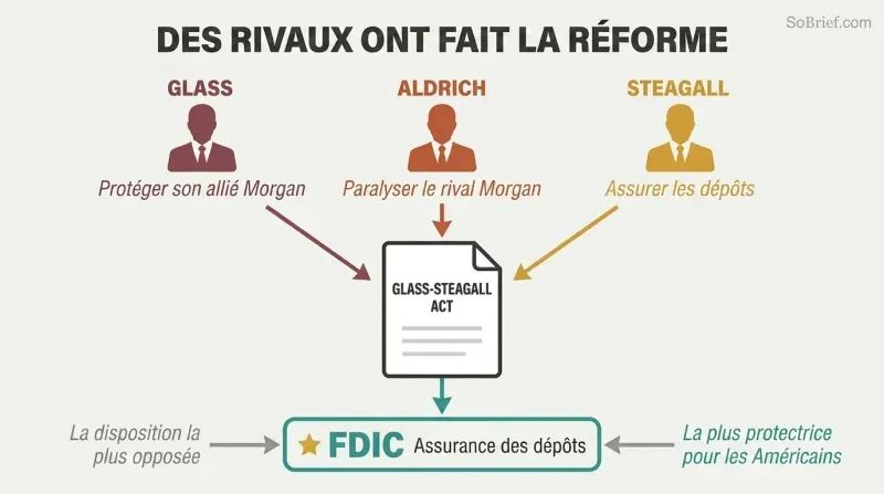 Three figures representing Glass, Aldrich, and Steagall push self-interested arrows into a central bill, with the most-opposed provision highlighted as the most beneficial outcome.