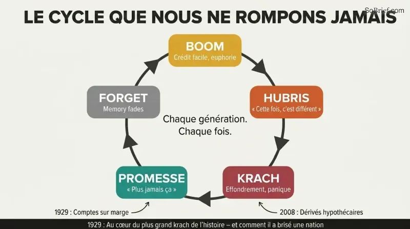 Circular five-phase loop showing boom, hubris, crash, vow, and forgetting repeating endlessly across financial generations.