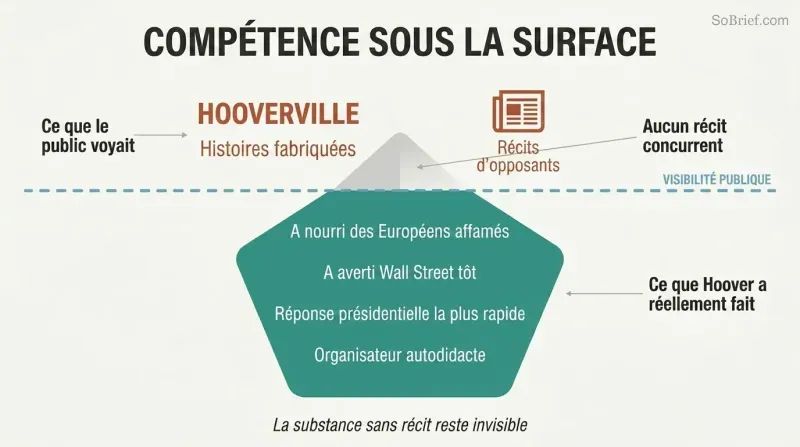 Iceberg diagram showing Hoover's vast hidden accomplishments submerged below a waterline while opponent narratives dominate the small visible space above.