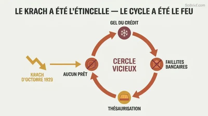 Small crash icon triggering a large vicious cycle of credit freeze, bank failures, cash hoarding, and business collapse feeding back into itself.