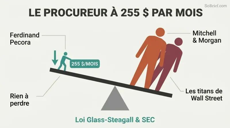 Lever diagram showing a small figure tipping two large Wall Street titan silhouettes off balance, illustrating how an outsider with little to lose toppled financial giants.