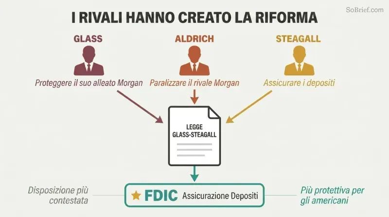Three figures representing Glass, Aldrich, and Steagall push self-interested arrows into a central bill, with the most-opposed provision highlighted as the most beneficial outcome.