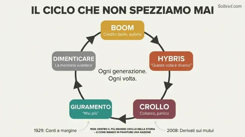 Circular five-phase loop showing boom, hubris, crash, vow, and forgetting repeating endlessly across financial generations.