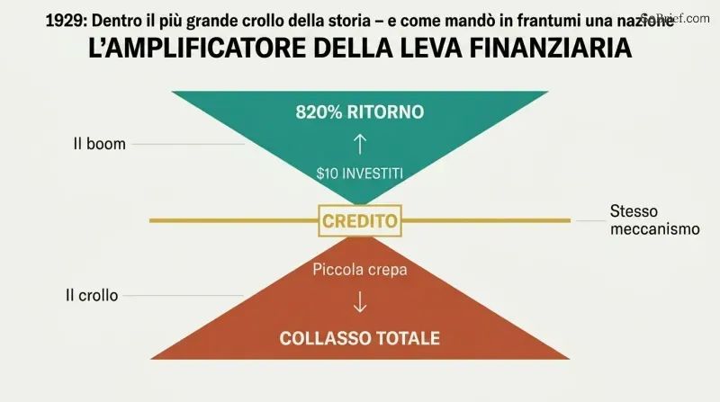 Bowtie-shaped diagram showing credit at the center amplifying small inputs into massive gains above and small cracks into devastating losses below.