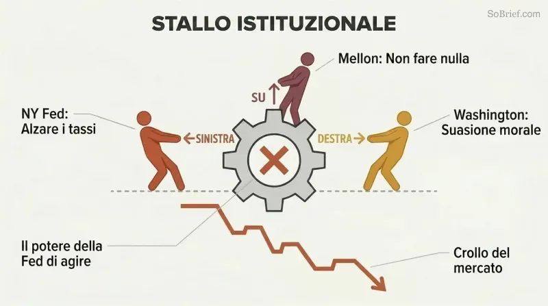 Three silhouette figures pulling a central lever in opposing directions, freezing it in place while a market line plunges sharply downward below.