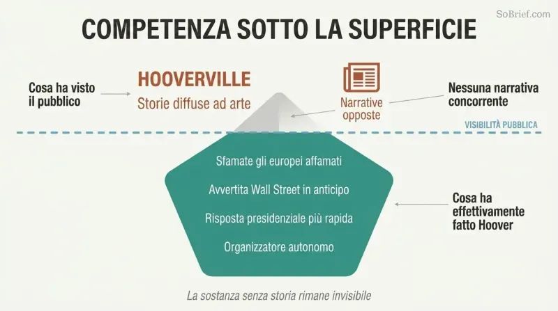 Iceberg diagram showing Hoover's vast hidden accomplishments submerged below a waterline while opponent narratives dominate the small visible space above.