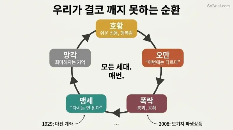 Circular five-phase loop showing boom, hubris, crash, vow, and forgetting repeating endlessly across financial generations.