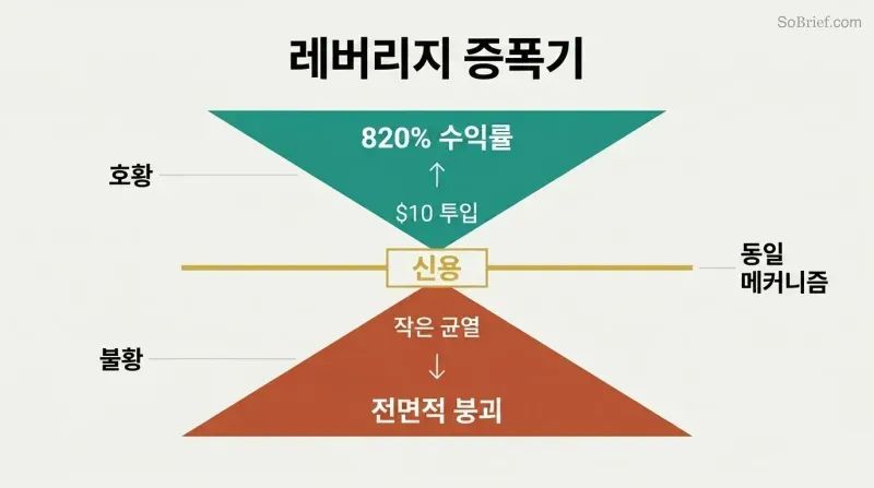 Bowtie-shaped diagram showing credit at the center amplifying small inputs into massive gains above and small cracks into devastating losses below.
