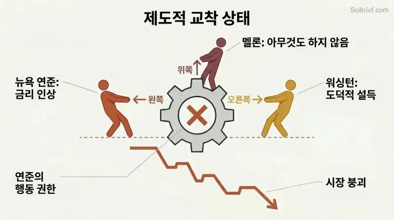 Three silhouette figures pulling a central lever in opposing directions, freezing it in place while a market line plunges sharply downward below.