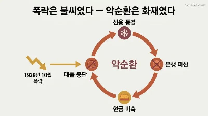 Small crash icon triggering a large vicious cycle of credit freeze, bank failures, cash hoarding, and business collapse feeding back into itself.