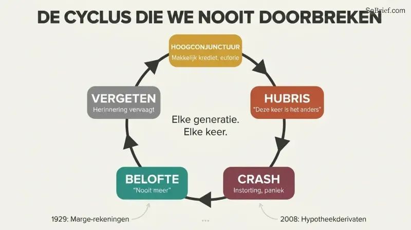 Circular five-phase loop showing boom, hubris, crash, vow, and forgetting repeating endlessly across financial generations.