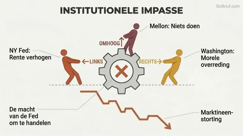 Three silhouette figures pulling a central lever in opposing directions, freezing it in place while a market line plunges sharply downward below.