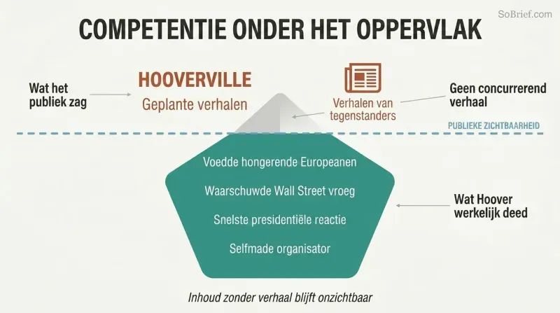 Iceberg diagram showing Hoover's vast hidden accomplishments submerged below a waterline while opponent narratives dominate the small visible space above.
