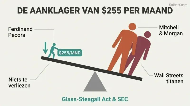 Lever diagram showing a small figure tipping two large Wall Street titan silhouettes off balance, illustrating how an outsider with little to lose toppled financial giants.