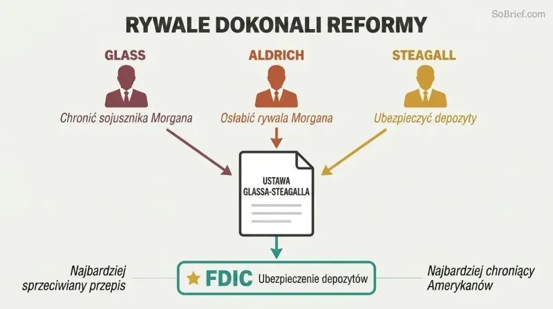 Three figures representing Glass, Aldrich, and Steagall push self-interested arrows into a central bill, with the most-opposed provision highlighted as the most beneficial outcome.