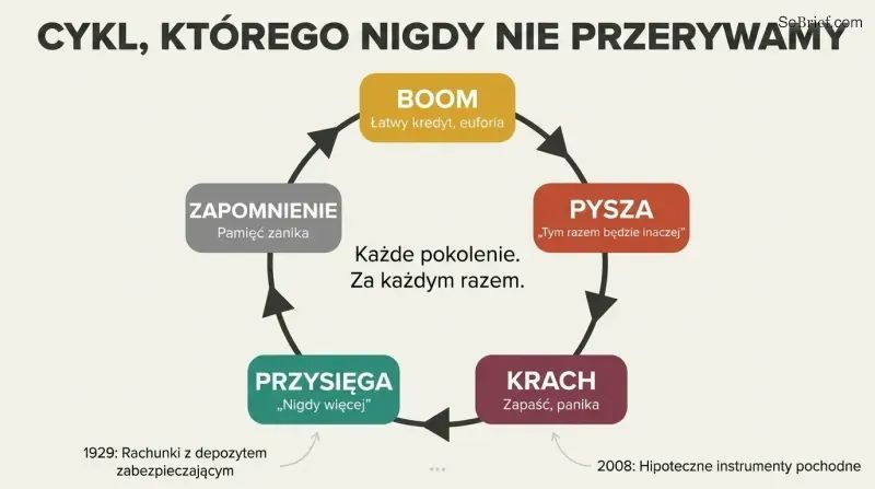 Circular five-phase loop showing boom, hubris, crash, vow, and forgetting repeating endlessly across financial generations.
