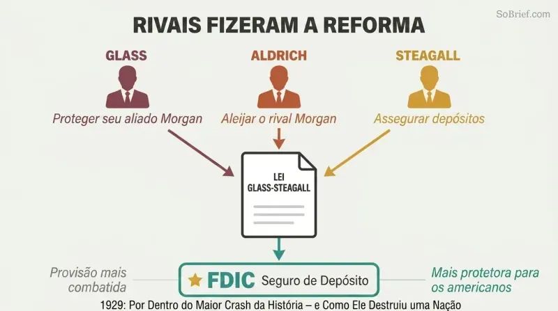 Three figures representing Glass, Aldrich, and Steagall push self-interested arrows into a central bill, with the most-opposed provision highlighted as the most beneficial outcome.