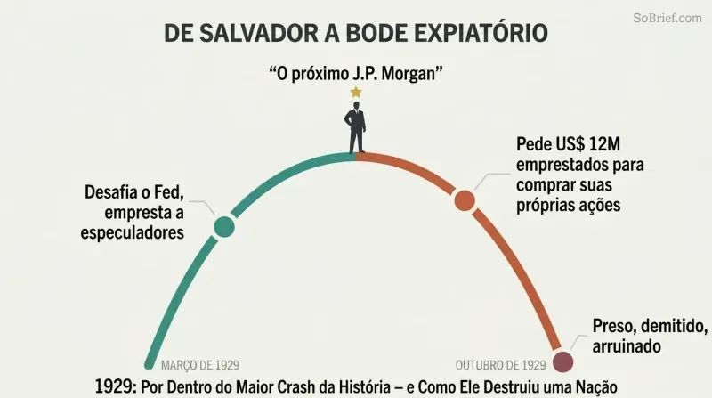 Rise-and-fall arc showing a single figure ascending as a celebrated hero then plummeting into disgrace, with key moments labeled along the trajectory.