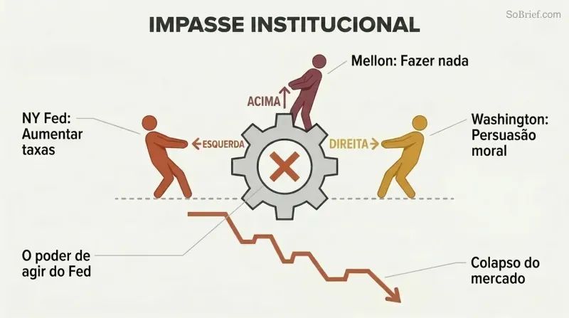 Three silhouette figures pulling a central lever in opposing directions, freezing it in place while a market line plunges sharply downward below.