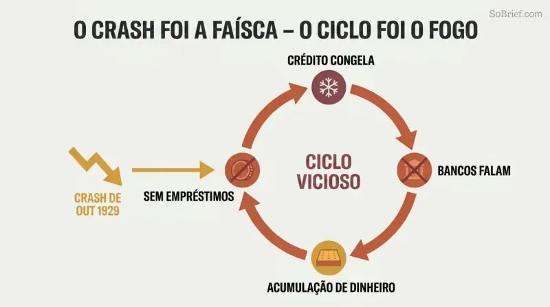 Small crash icon triggering a large vicious cycle of credit freeze, bank failures, cash hoarding, and business collapse feeding back into itself.