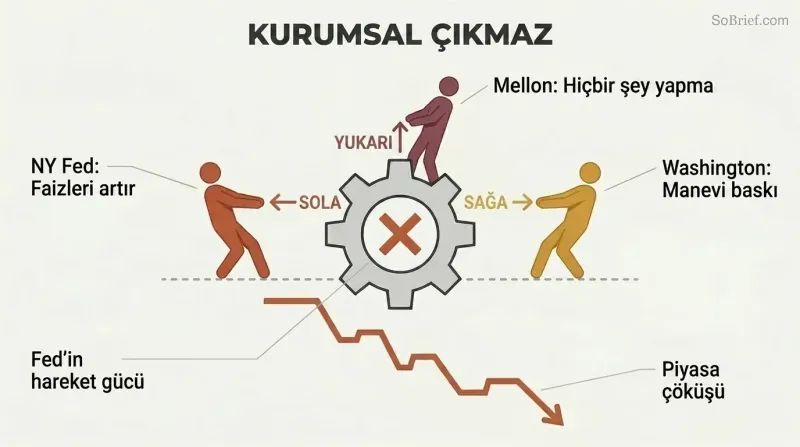 Three silhouette figures pulling a central lever in opposing directions, freezing it in place while a market line plunges sharply downward below.