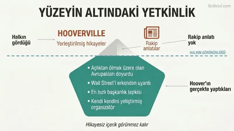 Iceberg diagram showing Hoover's vast hidden accomplishments submerged below a waterline while opponent narratives dominate the small visible space above.