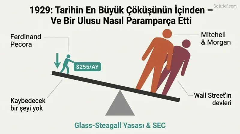 Lever diagram showing a small figure tipping two large Wall Street titan silhouettes off balance, illustrating how an outsider with little to lose toppled financial giants.