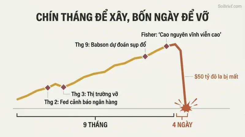 Stylized line chart showing a slow nine-month market rise with warning markers followed by a sudden vertical cliff drop over just four days.