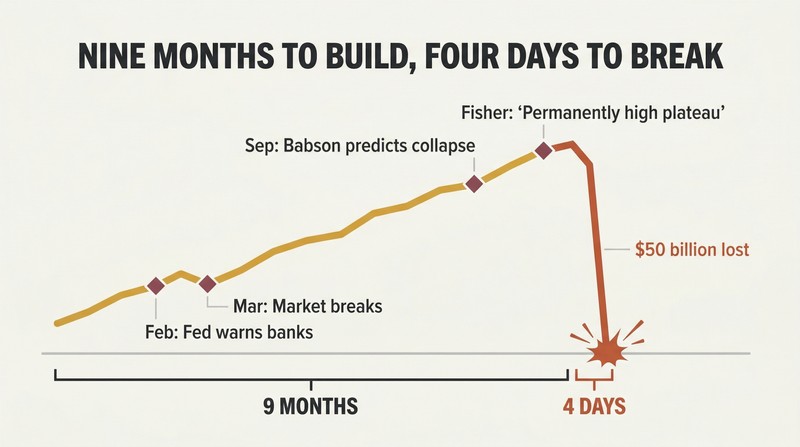 Stylized line chart showing a slow nine-month market rise with warning markers followed by a sudden vertical cliff drop over just four days.