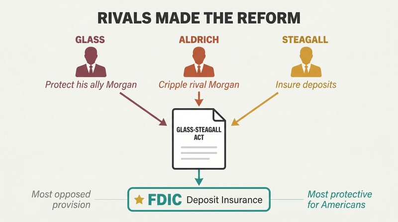 Three figures representing Glass, Aldrich, and Steagall push self-interested arrows into a central bill, with the most-opposed provision highlighted as the most beneficial outcome.