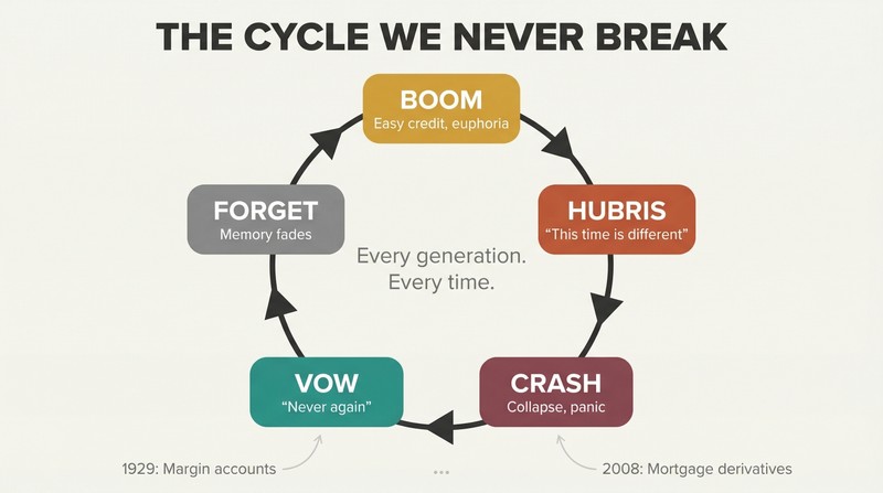 Circular five-phase loop showing boom, hubris, crash, vow, and forgetting repeating endlessly across financial generations.