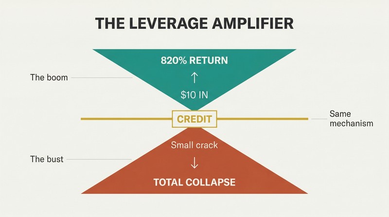 Bowtie-shaped diagram showing credit at the center amplifying small inputs into massive gains above and small cracks into devastating losses below.
