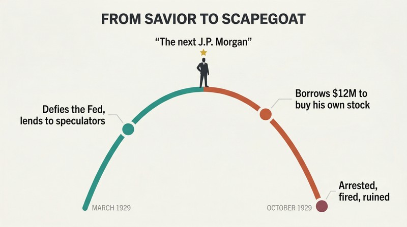 Rise-and-fall arc showing a single figure ascending as a celebrated hero then plummeting into disgrace, with key moments labeled along the trajectory.