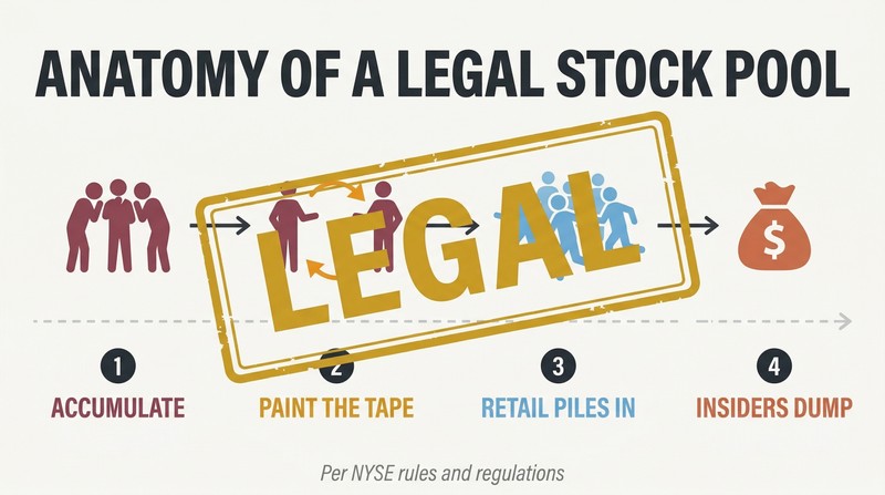 Four-stage horizontal sequence showing insiders accumulating stock, trading among themselves, retail investors entering, and insiders dumping — all under a large "LEGAL" stamp.