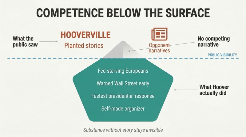 Iceberg diagram showing Hoover's vast hidden accomplishments submerged below a waterline while opponent narratives dominate the small visible space above.