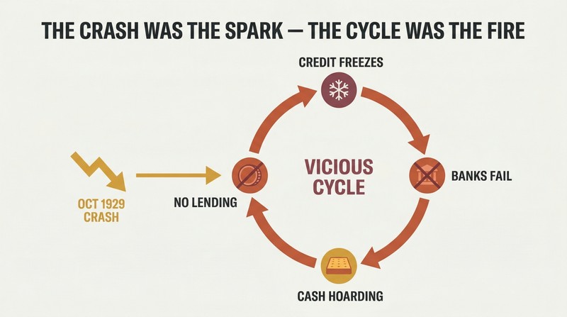 Small crash icon triggering a large vicious cycle of credit freeze, bank failures, cash hoarding, and business collapse feeding back into itself.