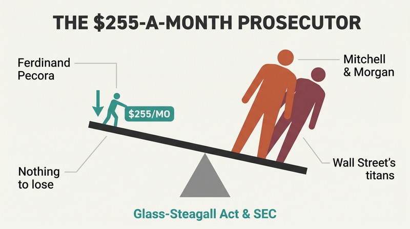 Lever diagram showing a small figure tipping two large Wall Street titan silhouettes off balance, illustrating how an outsider with little to lose toppled financial giants.