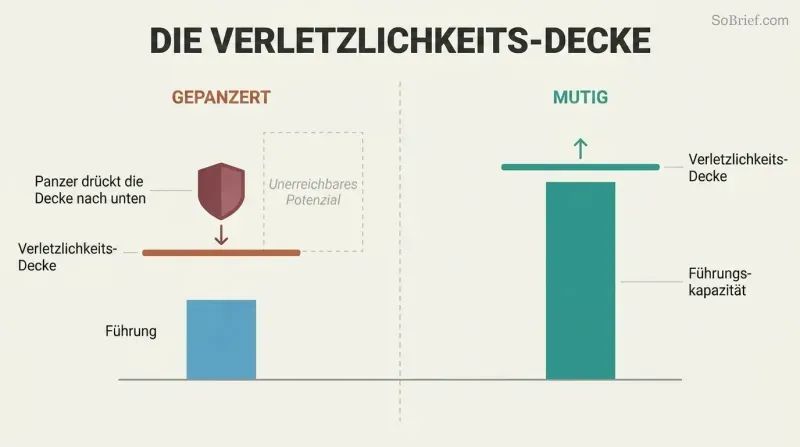 Split comparison showing how armor lowers your vulnerability ceiling and caps leadership, while removing armor raises the ceiling and unlocks leadership growth.