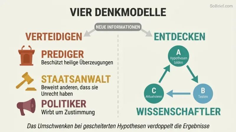Split panel contrasting three defensive thinking modes — preacher, prosecutor, and politician — against scientist mode with a hypothesis-test-update loop.