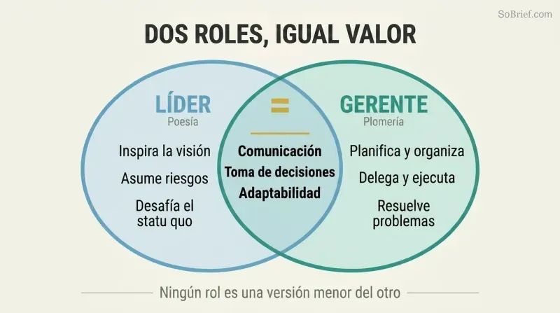 Venn diagram showing leader and manager as two equally sized overlapping circles with distinct strengths and shared core skills in the center.