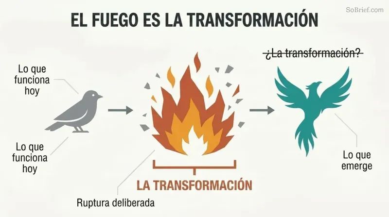 Three-phase timeline showing an old structure breaking apart in flames at center, then reforming, with the fire phase — not the rising phase — marked as the true transformation.
