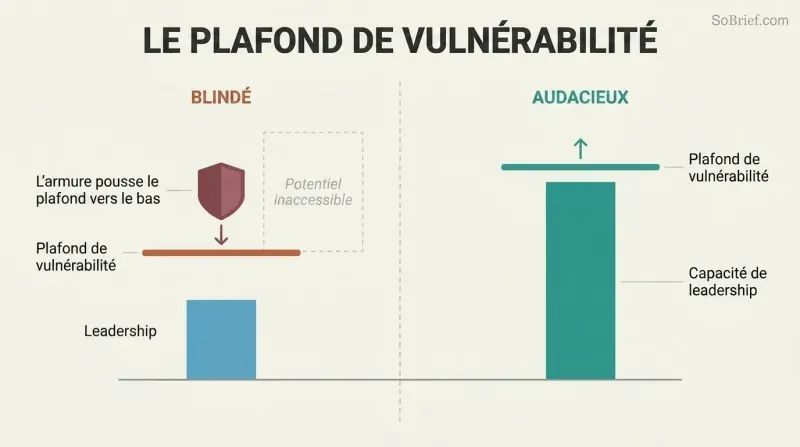 Split comparison showing how armor lowers your vulnerability ceiling and caps leadership, while removing armor raises the ceiling and unlocks leadership growth.