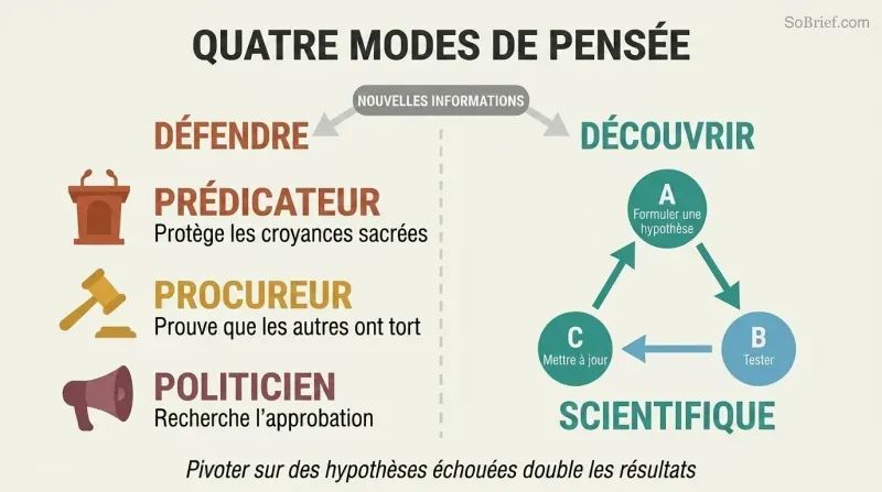 Split panel contrasting three defensive thinking modes — preacher, prosecutor, and politician — against scientist mode with a hypothesis-test-update loop.