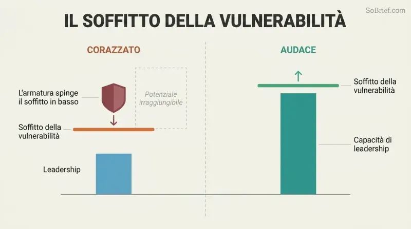 Split comparison showing how armor lowers your vulnerability ceiling and caps leadership, while removing armor raises the ceiling and unlocks leadership growth.